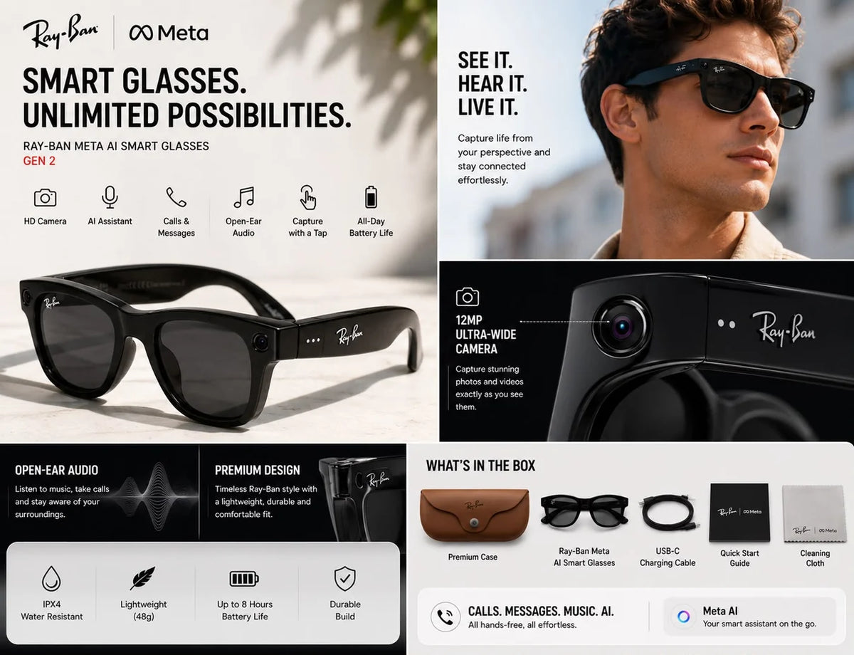 Ray-Ban | Meta Wayfarer (Gen 1) with Meta AI, photo and video capture - Large ( Black,)